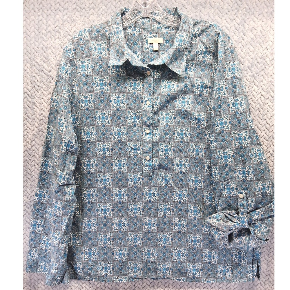 Talbots Womens XL Blue White Geometric Tile Print Cotton Roll Tab Sleeve Top